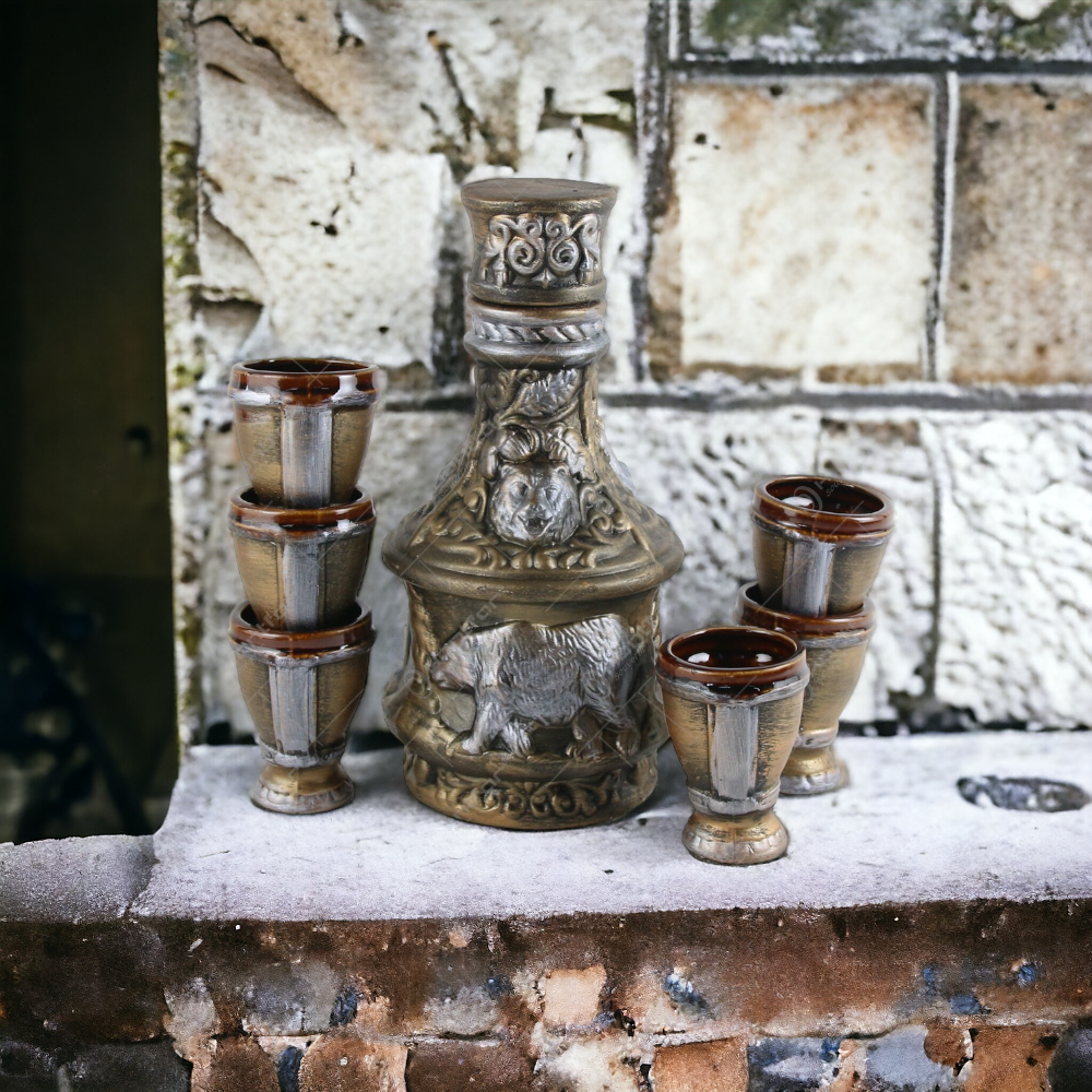 Set servire bautura Ceramica, model Vanatoare / Pescuit 1.8L, cu 6 pahare 100 ml