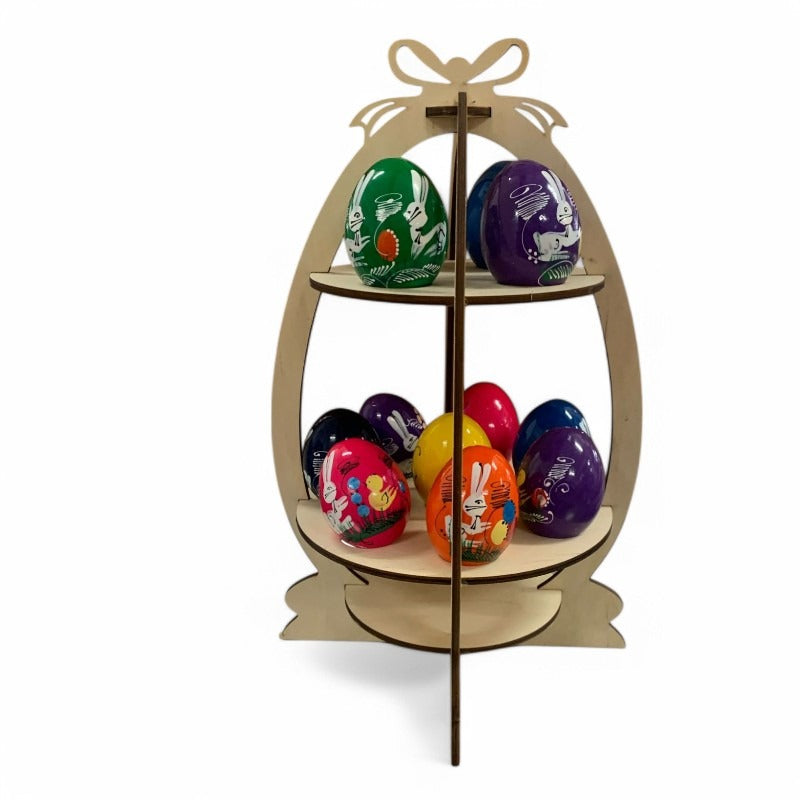 Set Suport Etajat Natur din Lemn 30 cm si 12 oua de Paste Multicolore 7 cm