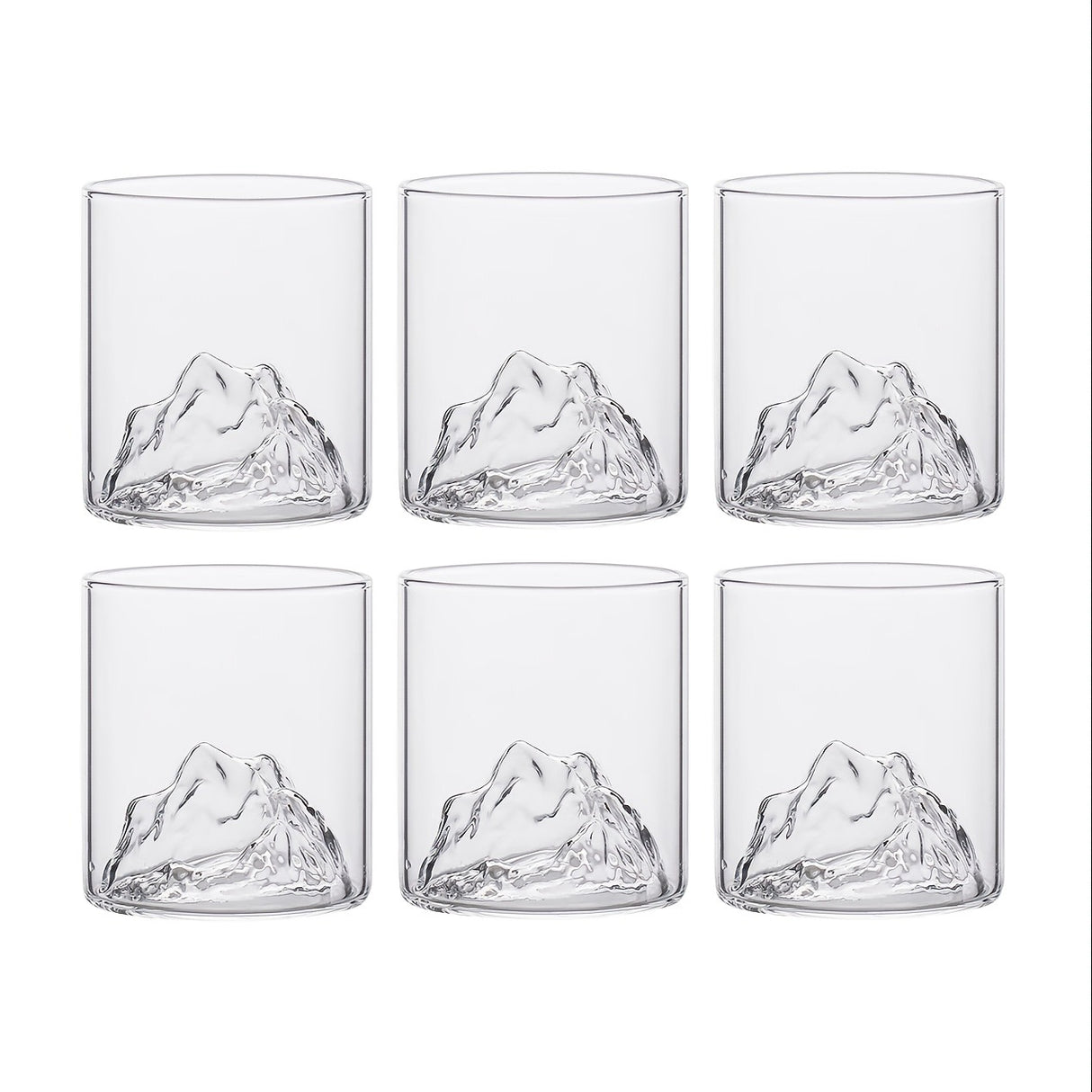 Set 6 Pahare din Sticla Borosilicata pentru Whisky 3D, Mountain, 300 ml