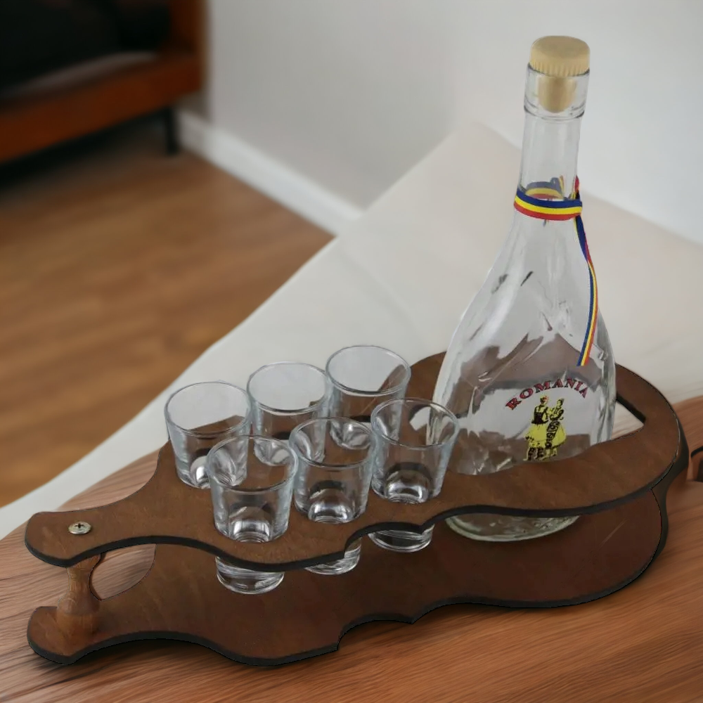 Suport lemn Vioara cu sticla 1l si 6 pahare 50 ml de Tuica