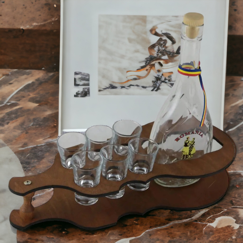 Suport lemn Vioara cu sticla 1l si 6 pahare 50 ml de Tuica