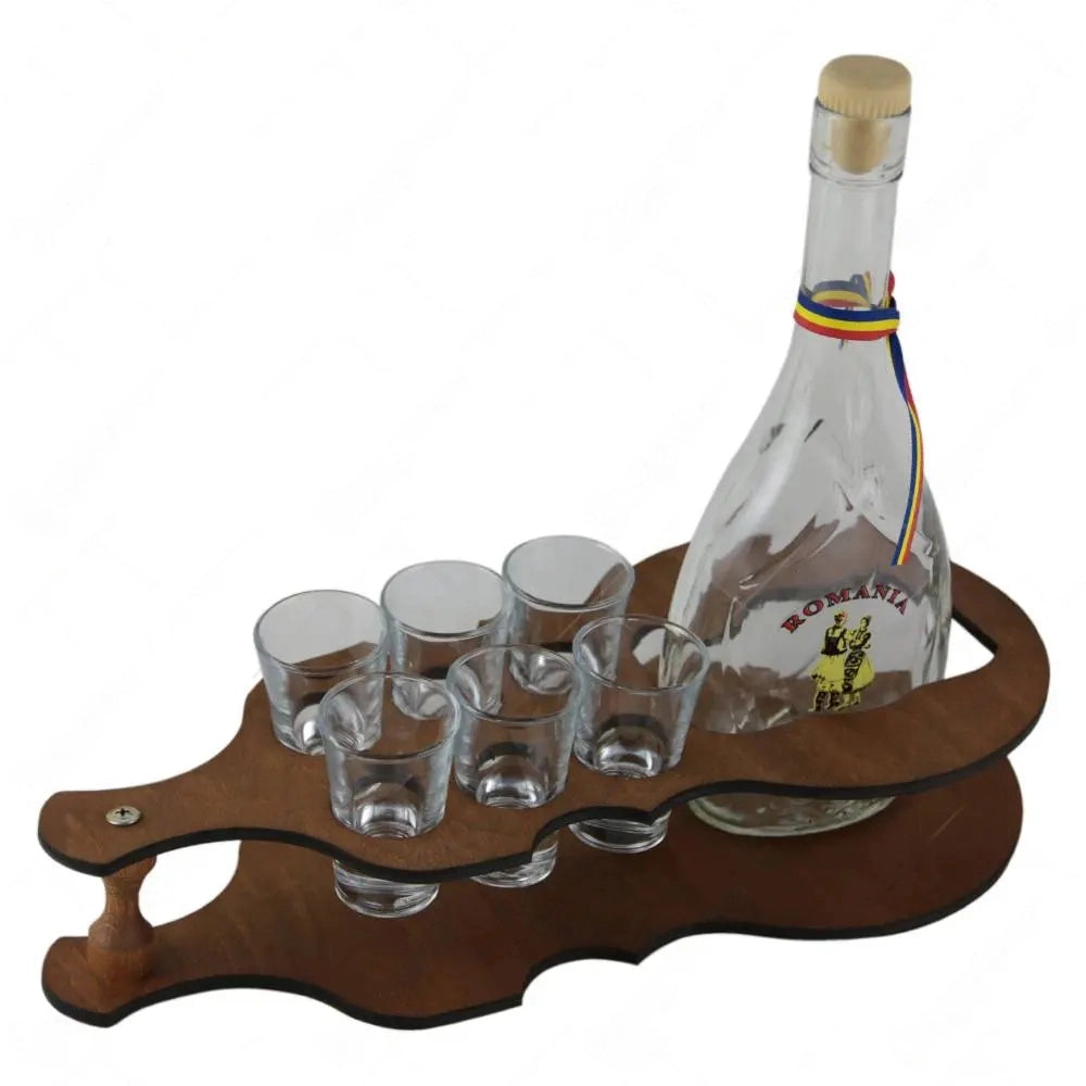 Suport lemn Vioara cu sticla 1l si 6 pahare 50 ml de Tuica