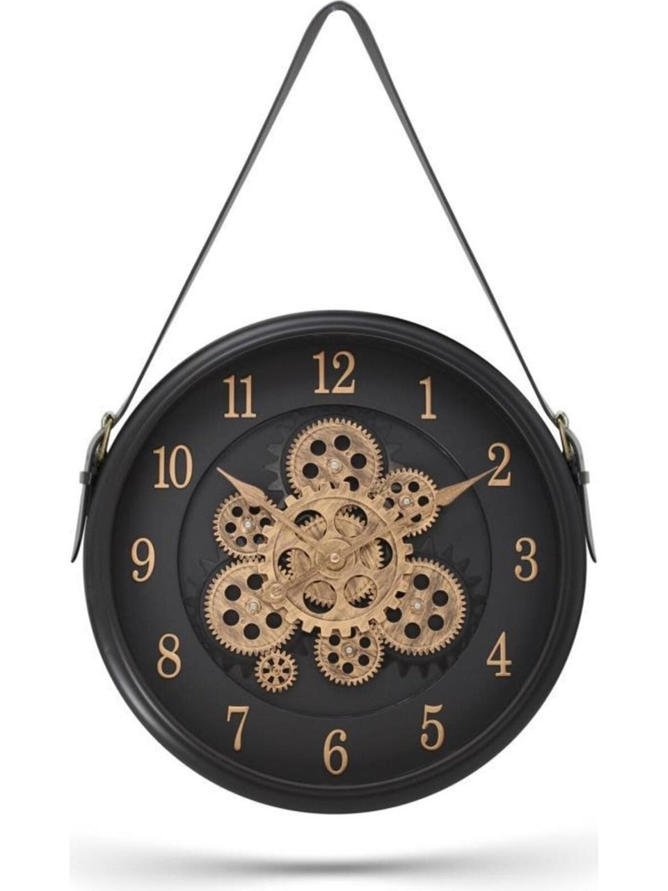 Ceas de perete elegant cu agatatoare curea de piele , Negru , 39 cm