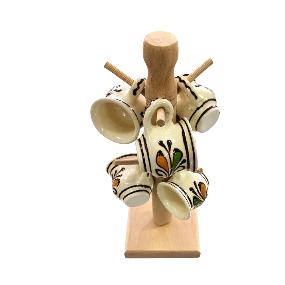 Set 6 Cesti traditionale pictate din ceramica, 50 ml pe suport patrat din lemn