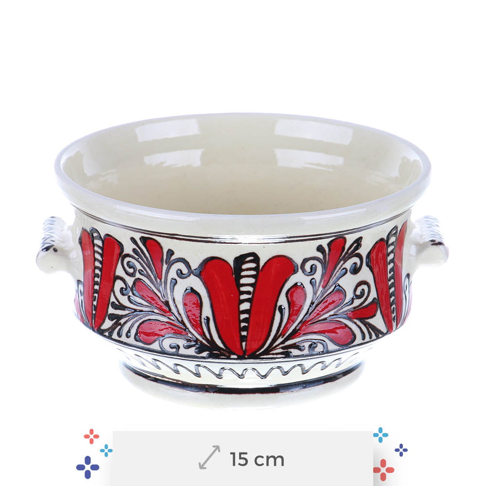Bol cu Manere din Ceramica, Motiv Traditional, 15 cm, supa, ciorba, mancare, bucatarie, obiect de decor, pictat manual