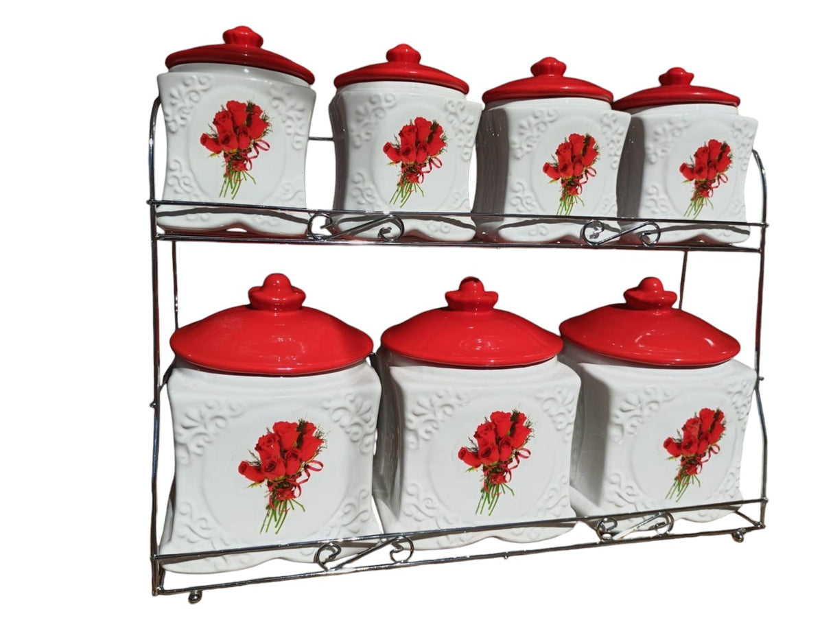 Set 7 Borcane Condimente Ceramica cu Capace Pe suport Metalic, Model Floral