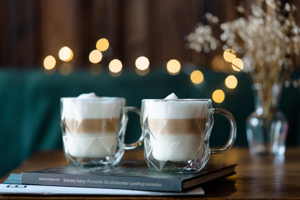 Set de 2 Cani Sticla, Pereti Dubli Termorezistente,model Hexagonal, 330 ml