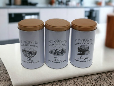 Set 3 cutii metalice pentru Cafea ,Zahar si Ceai rotunde - Homemade Tradition