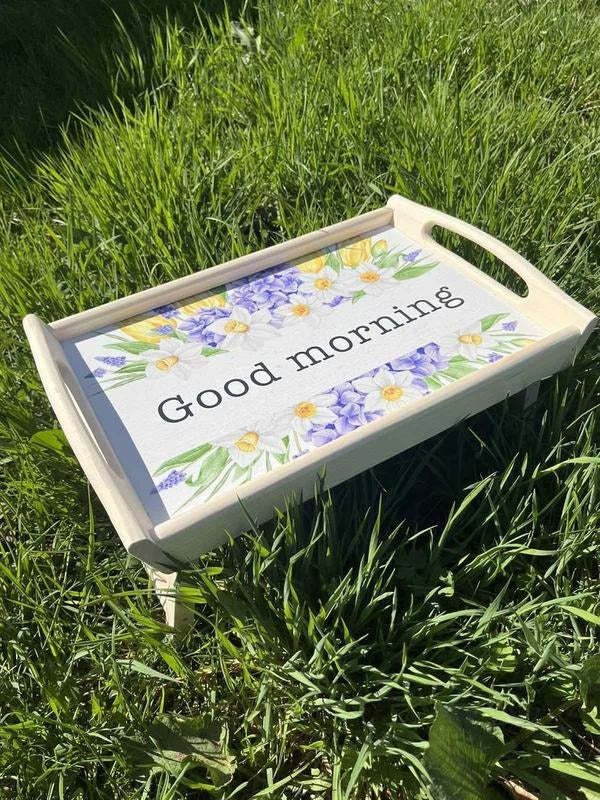 Tava Lemn cu picioare pliabile pentru servire mic dejun ,Model imprimat Color,43x27x20 cm