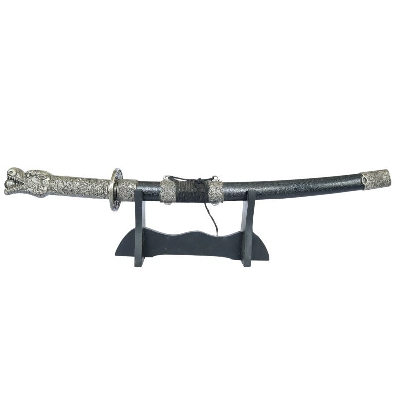 Sabie Scurta de Samurai Japoneza, cu Ornament de Dragon, cu Suport de lemn, metal,47x32 cm,