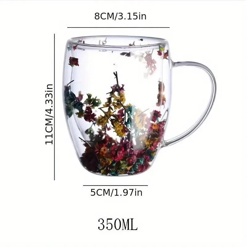 Cana cu Pereti Dubli din sticla termorezistenta , Flori Multicolore , 350 ml