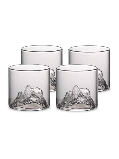 Set 4 Pahare din Sticla Borosilicata pentru Whisky 3D, Mountain, 300 ml