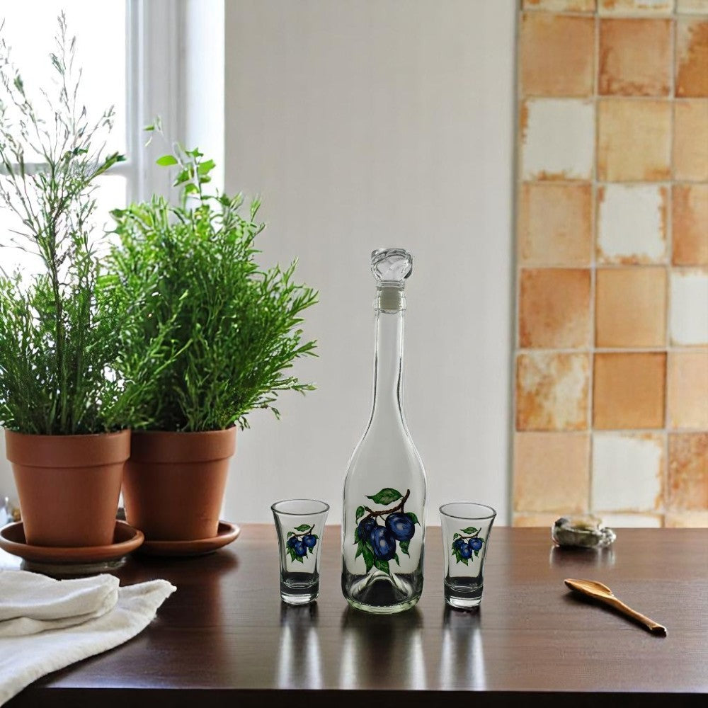 Set sticla 500 ml cu 2 pahare decorate 50 ml , Model Pruna