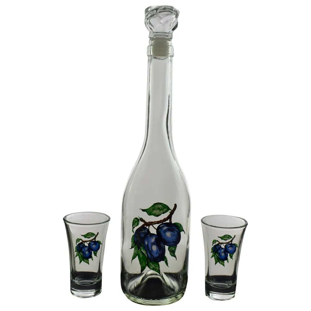 Set sticla 500 ml cu 2 pahare decorate 50 ml , Model Pruna
