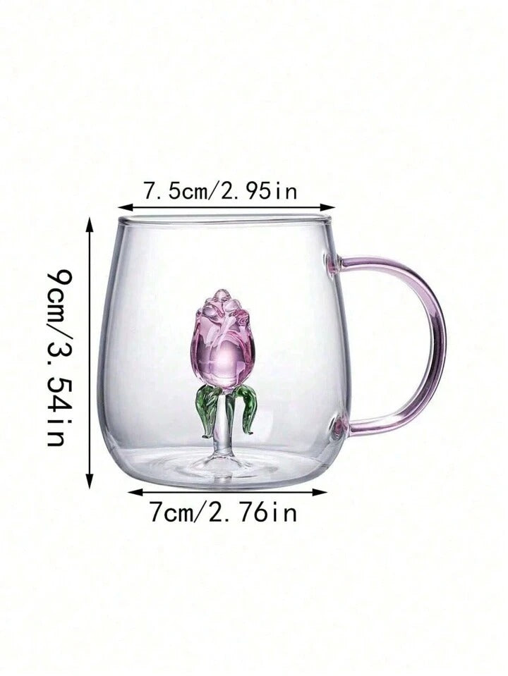 Cana din sticla borosilicata, Trandafir 3D , 350 ml