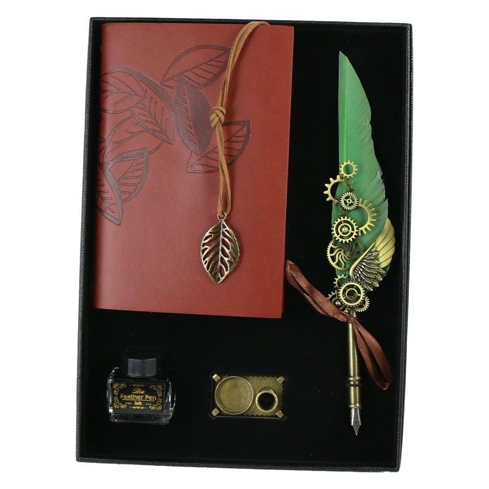 Set Stilou Caligrafie cu Pana si Ornamente Metalice, Agenda, Calimara si Suport de Birou