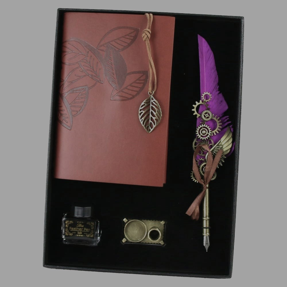 Set Stilou Caligrafie cu Pana si Ornamente Metalice, Agenda, Calimara si Suport de Birou