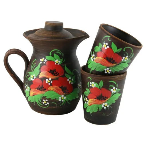 Set Ulcioras cu capac Angob lut rosu 1.7 L si 2 pahare , Model Floral