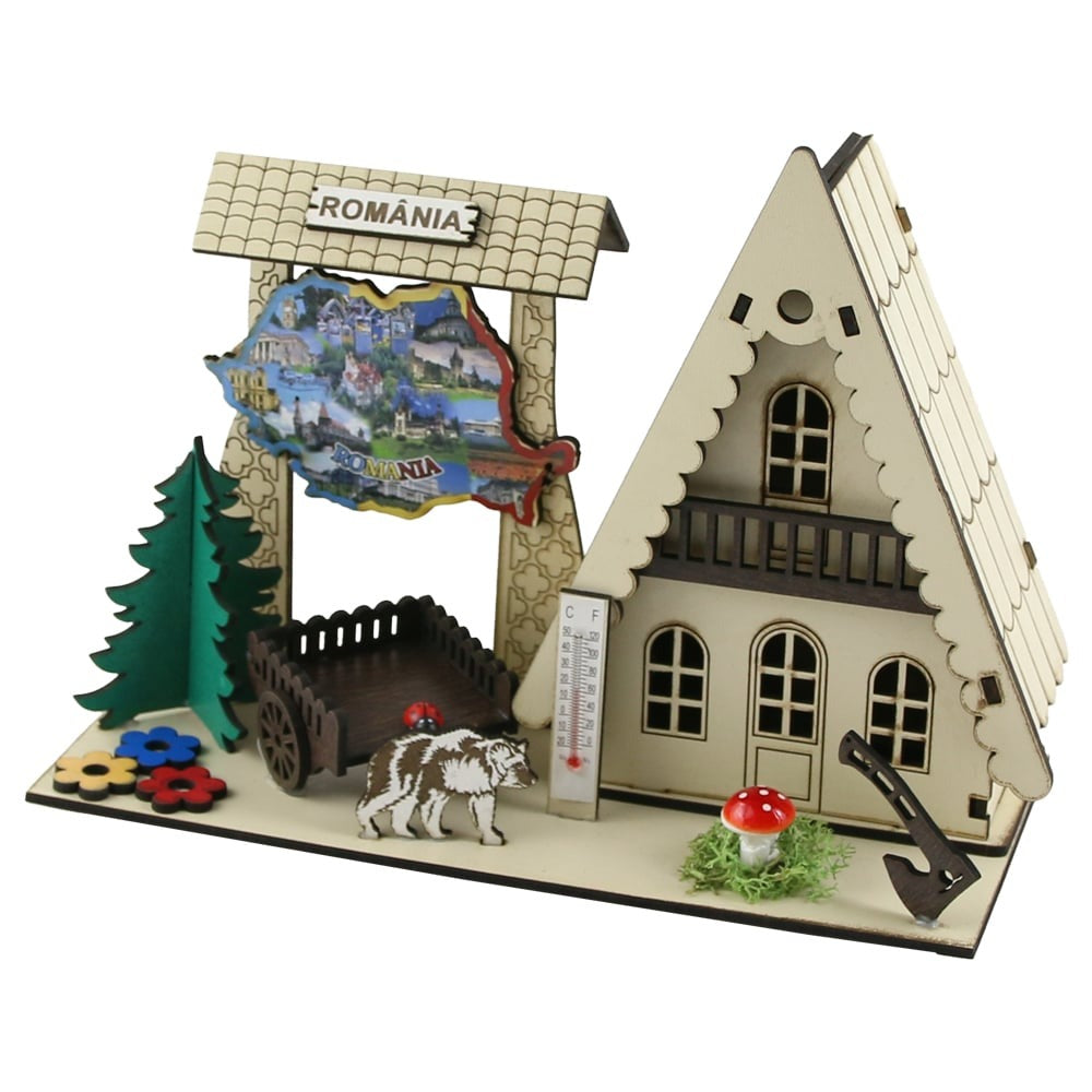 Decor lemn „Romania” Casuta cu poarta si termometru, 22×15 CM
