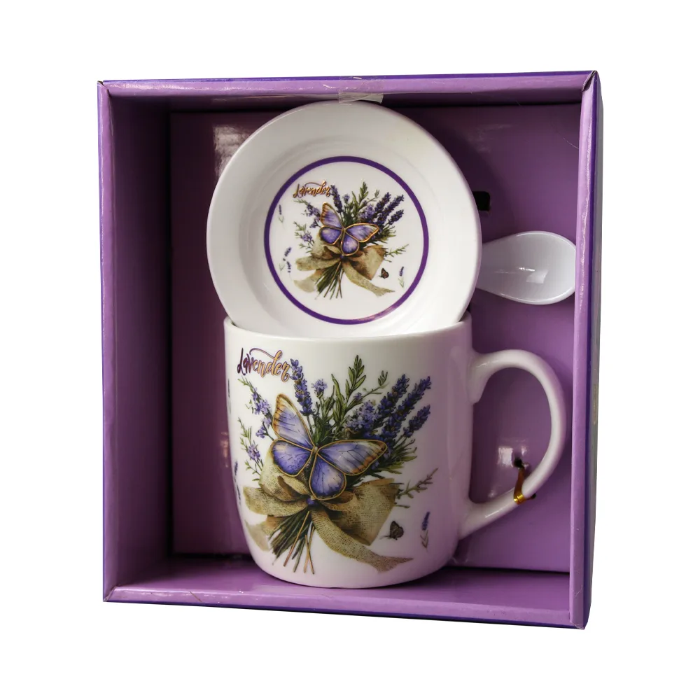 Cana din ceramica cu farfurie si lingurita 300 ml,cutie cadou