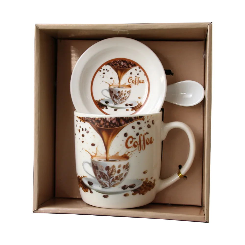 Cana din ceramica cu farfurie si lingurita 300 ml,cutie cadou