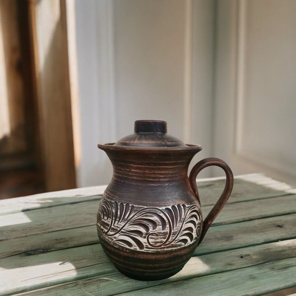 Ulcior cu Capac din Lut Rosu, cu Capac, 1.5 L, Maro