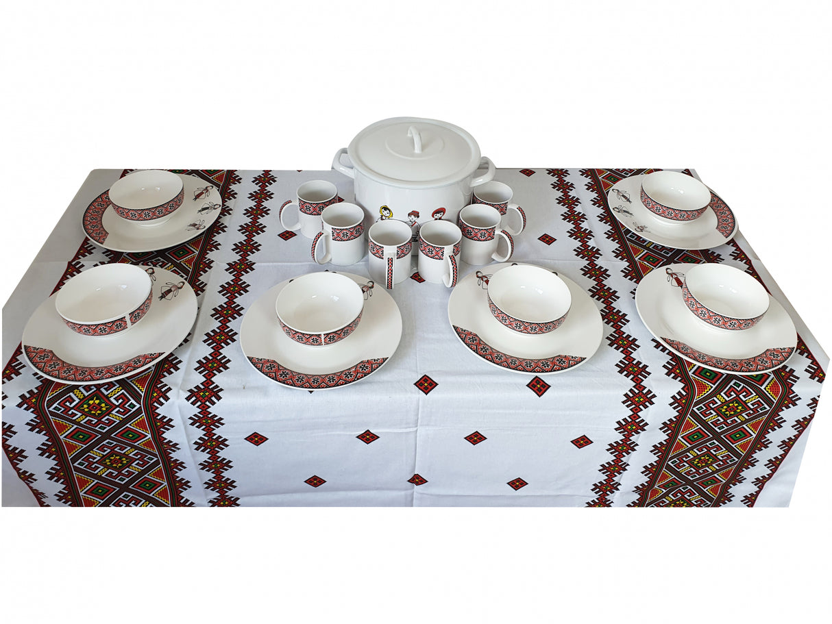 Set Complet Traditional servire masa, oala 24 cm, 6 farfurii rotunde 27cm, 6 boluri 14 cm, 6 cani 300ml