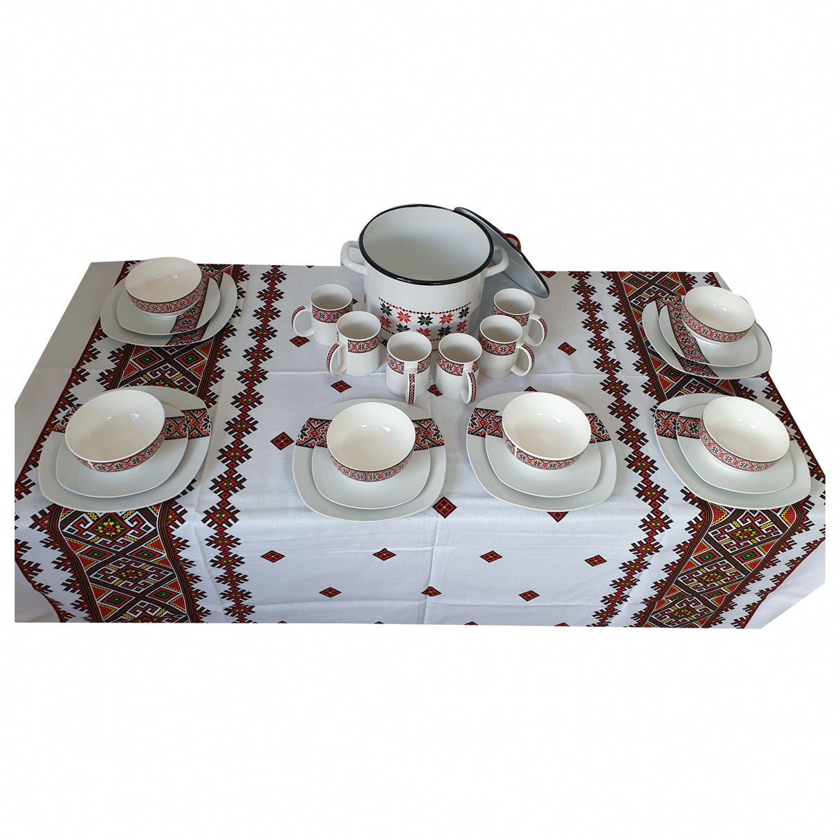 Set Complet Traditional servire masa, oala 24 cm, 6 farfurii 27cm, 6 farfurii 19cm, 6 boluri 14 cm, 6 cani 300ml