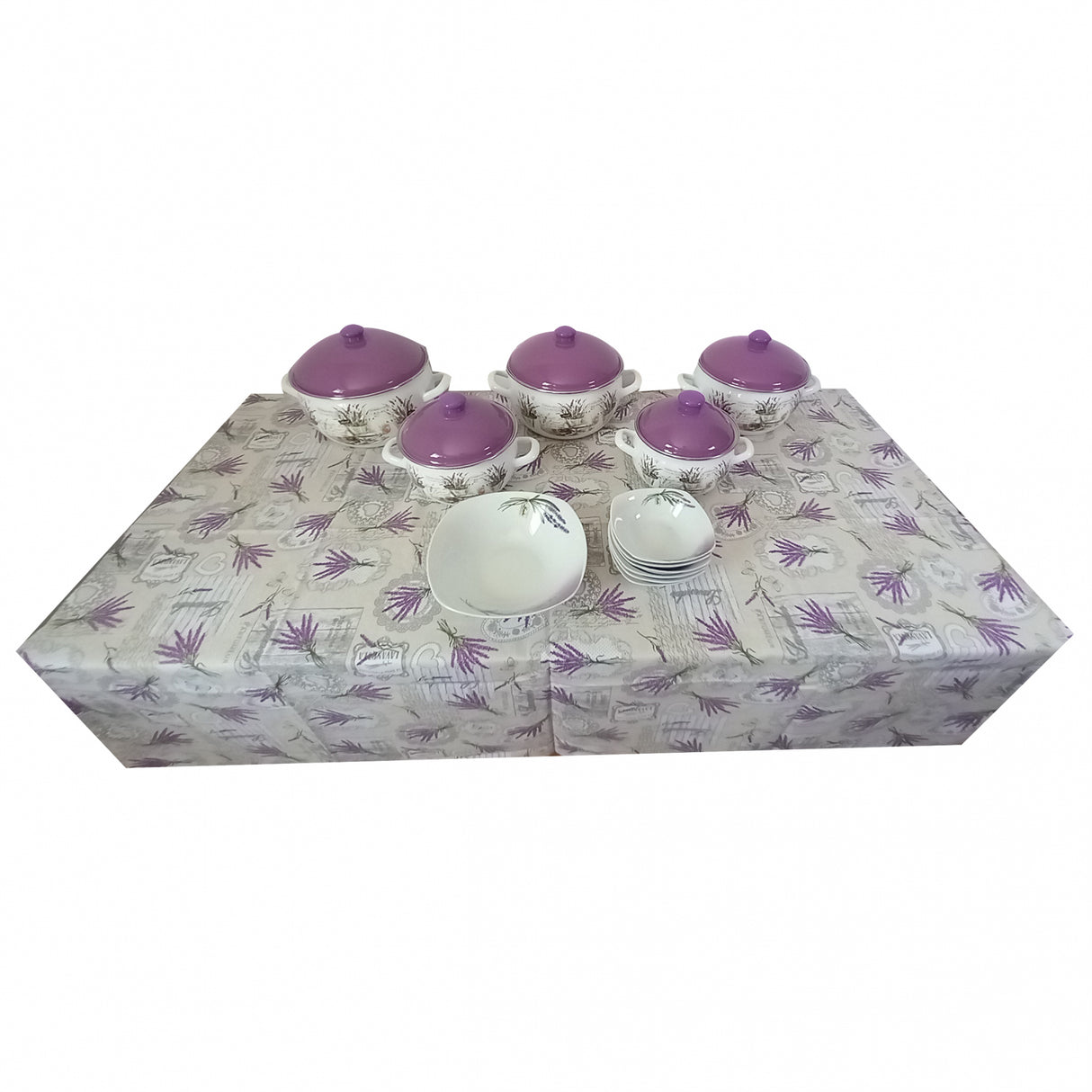 Set Lavanda - Fata de masa 150x160 cm, Set 5 Oale Cu Capac Emailate, Alb cu Imprimeu, Savasan