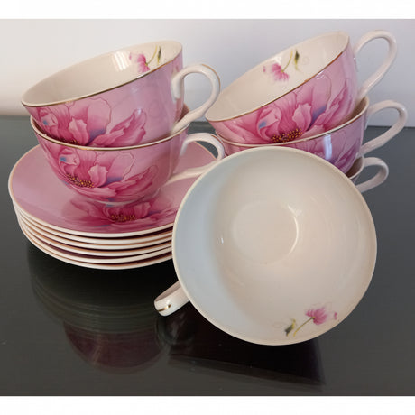 Set 6 cesti Cafea sau Ceai cu farfurioare incluse, Ceramica fina, Model Floare Roz