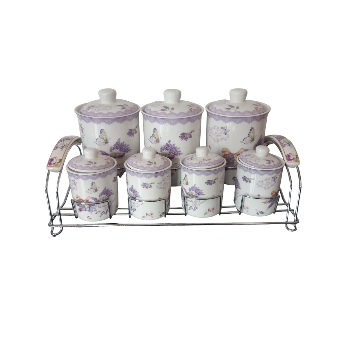 Set 7 Borcane Condimente Ceramica cu Capace Pe suport Metalic, Model Floral