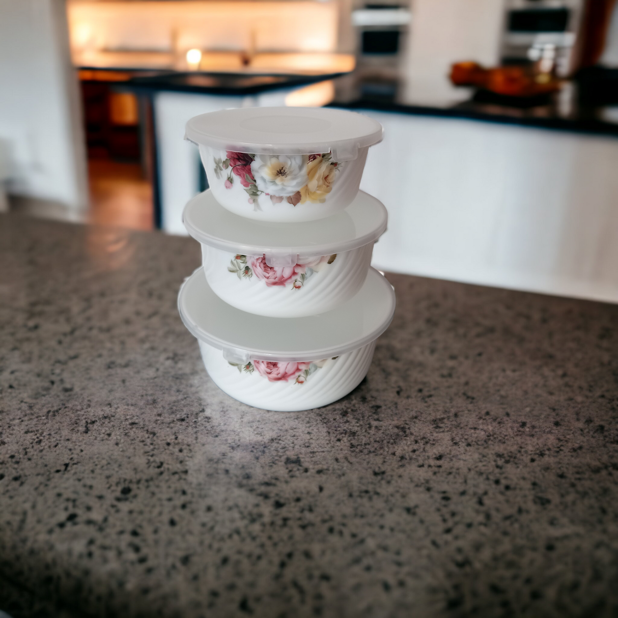 Set 3 caserole Ceramice cu Capace de Plastic, Model Floral