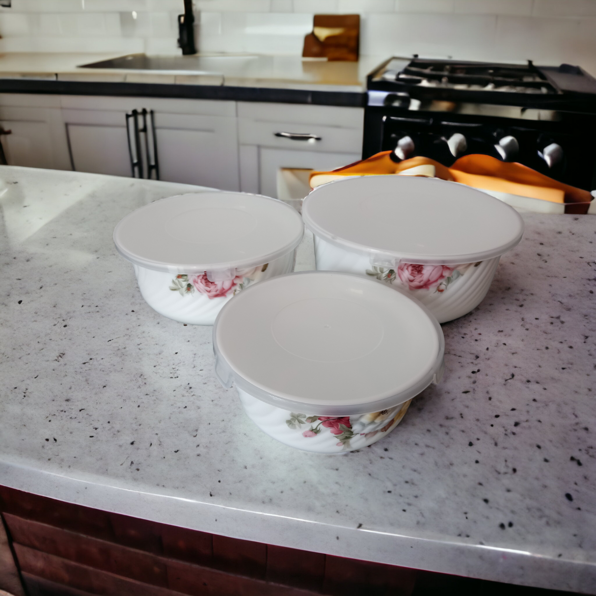 Set caserole Ceramice cu Capace de Plastic, Model Floral