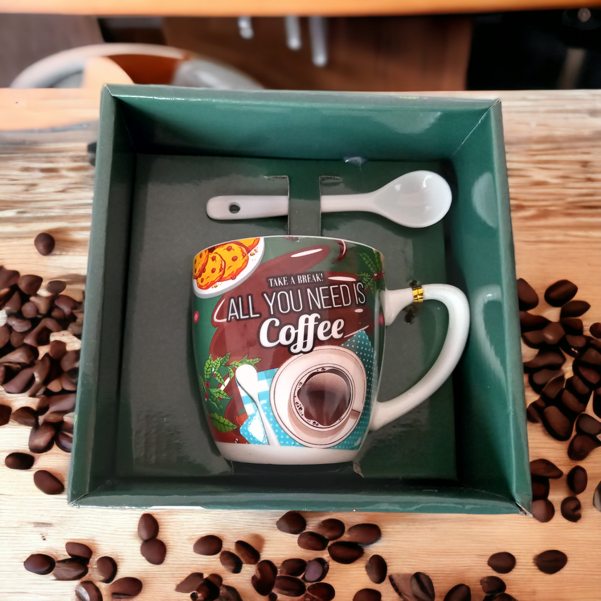 Set cana cu lingurita, Ceramica, Coffe, 100 ml