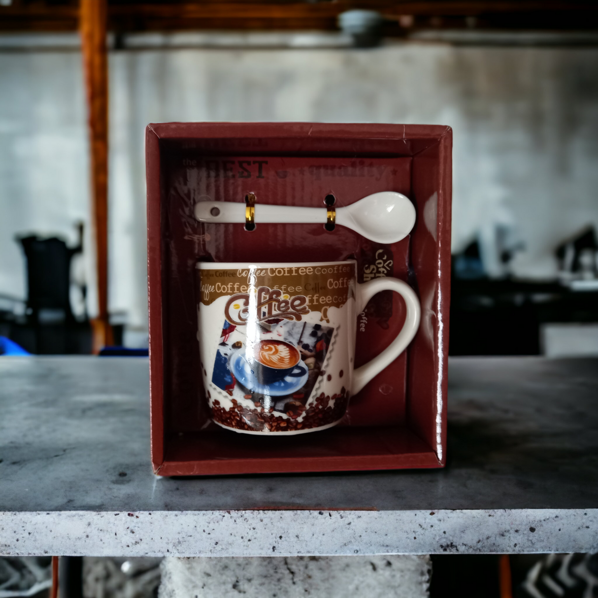 Set cana cu lingurita, Ceramica, Coffe, Maro, 100 ml