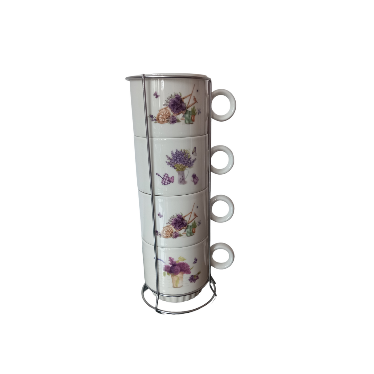 Set 4 cesti Cafea, Ceramica, 200ml cu suport din Inox, Lavanda