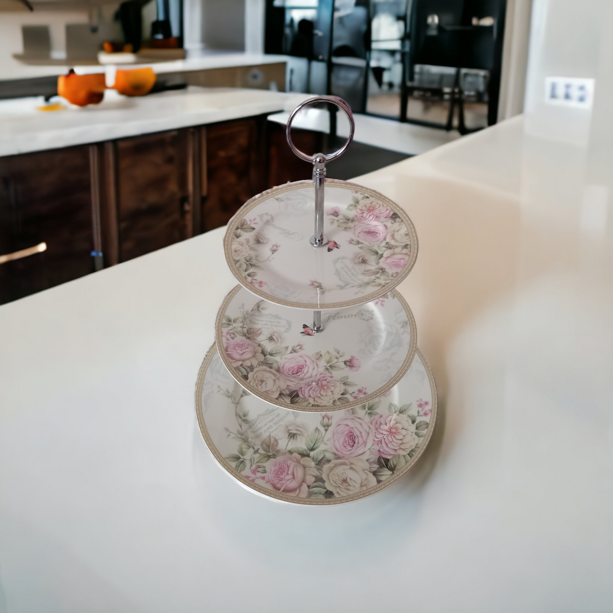 Etajera din Ceramica pentru Prajituri, Bomboane, 3 Etaje, 26,19,15x35 cm, Model Floral