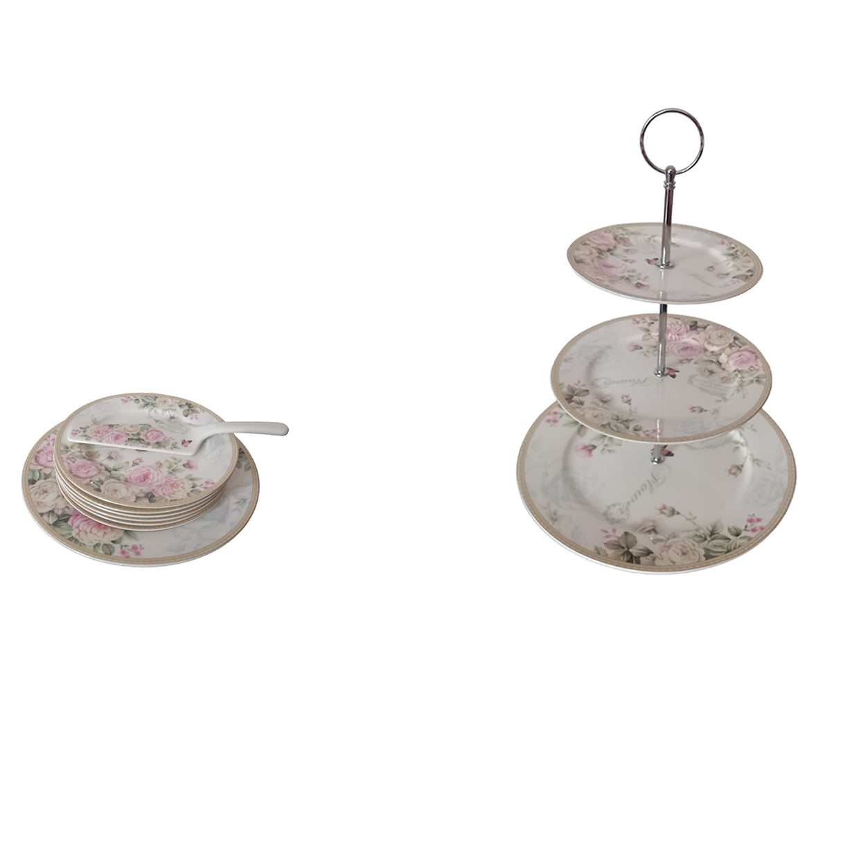 Set servire desert, Etajera Ceramica si Set 8 piese pentru Tort Ceramica, model Floral