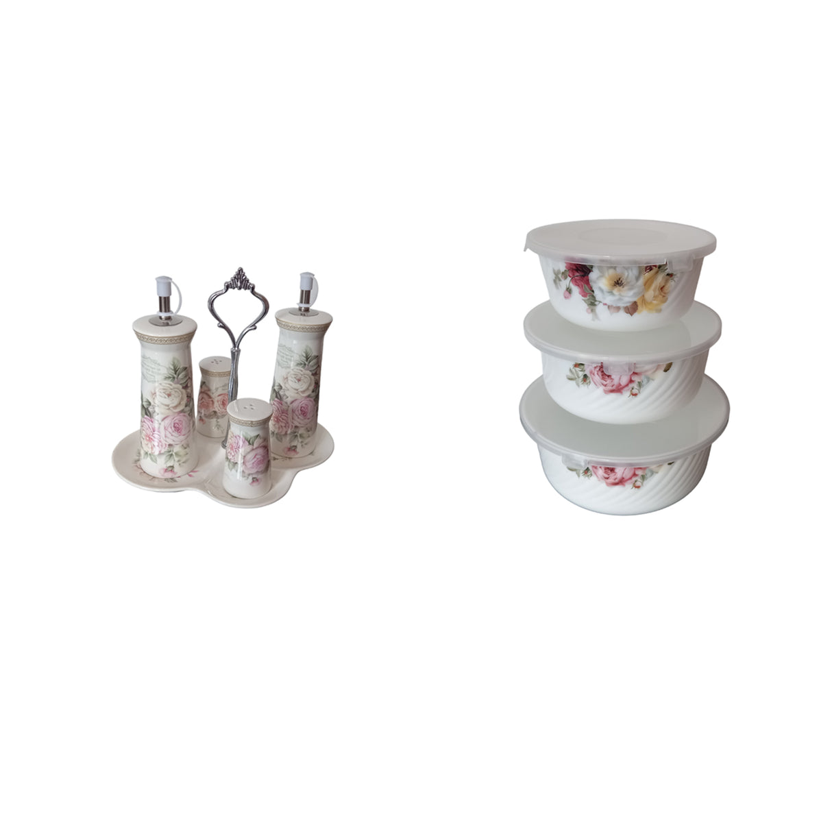 Set Oliviera, 4 piese, Ceramica si 3 Caserole Ceramice cu Capace de Plastic, Model Floral