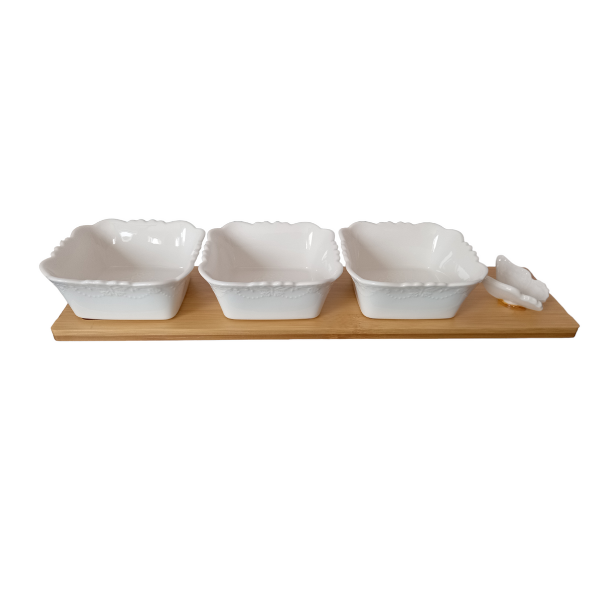 Set 3 sosiere 10x10x4 cm Ceramica pe suport 38x9 cm Bambus, Albe