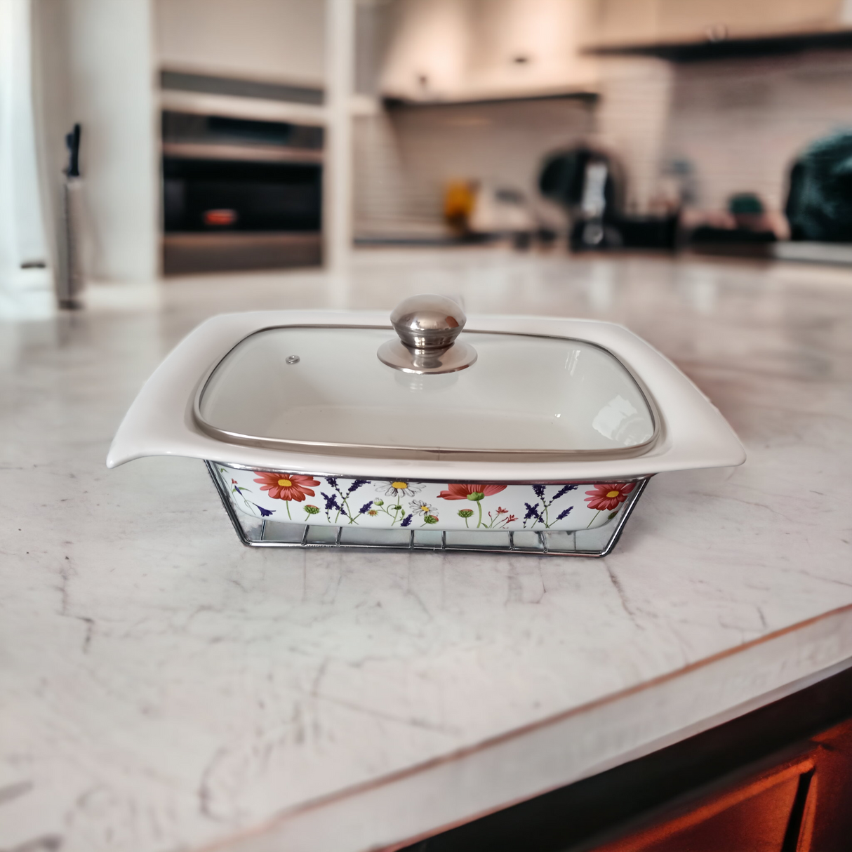 Vas ceramic cu capac de sticla pentru incalzire cu 3 lumanari, 2 l, 35x25x7 cm