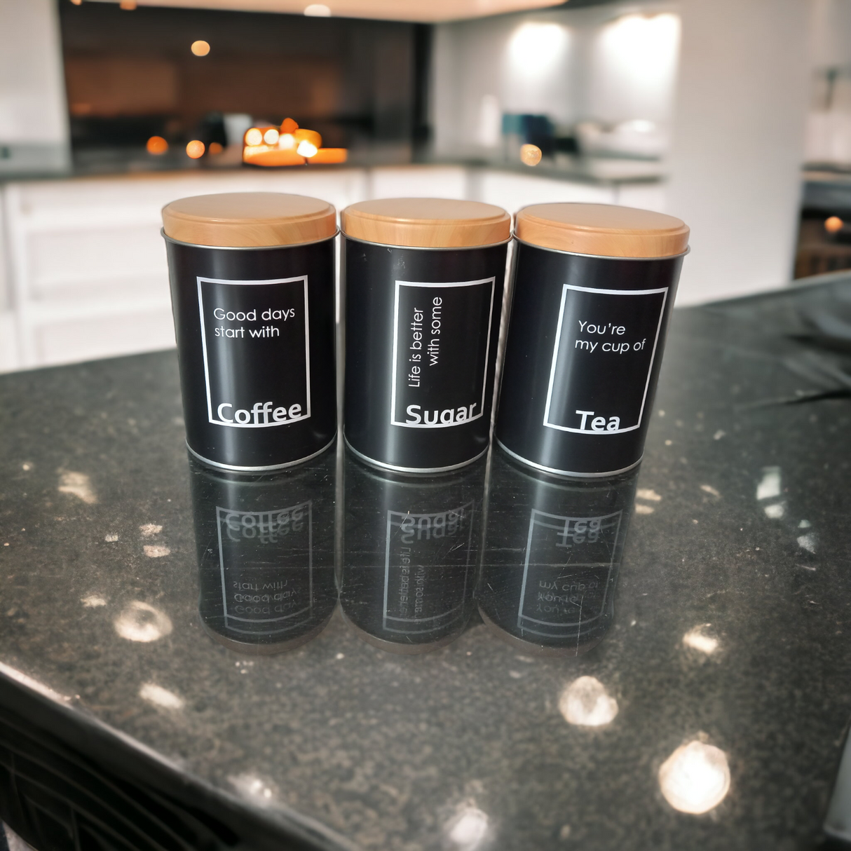 Set 3 cutii metalice rotunde pentru Zahar, Cafea, Ceai, Negre, 9x13 cm