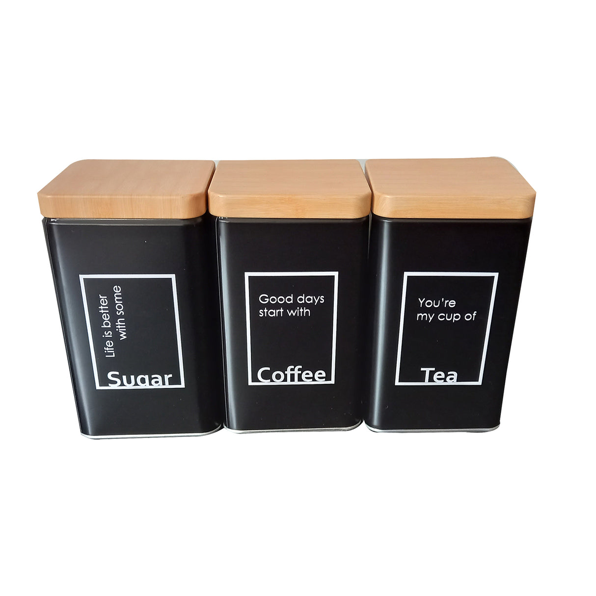 Set 3 cutii metalice patrate pentru Zahar, Cafea, Ceai, Negre, 9x9x15 cm