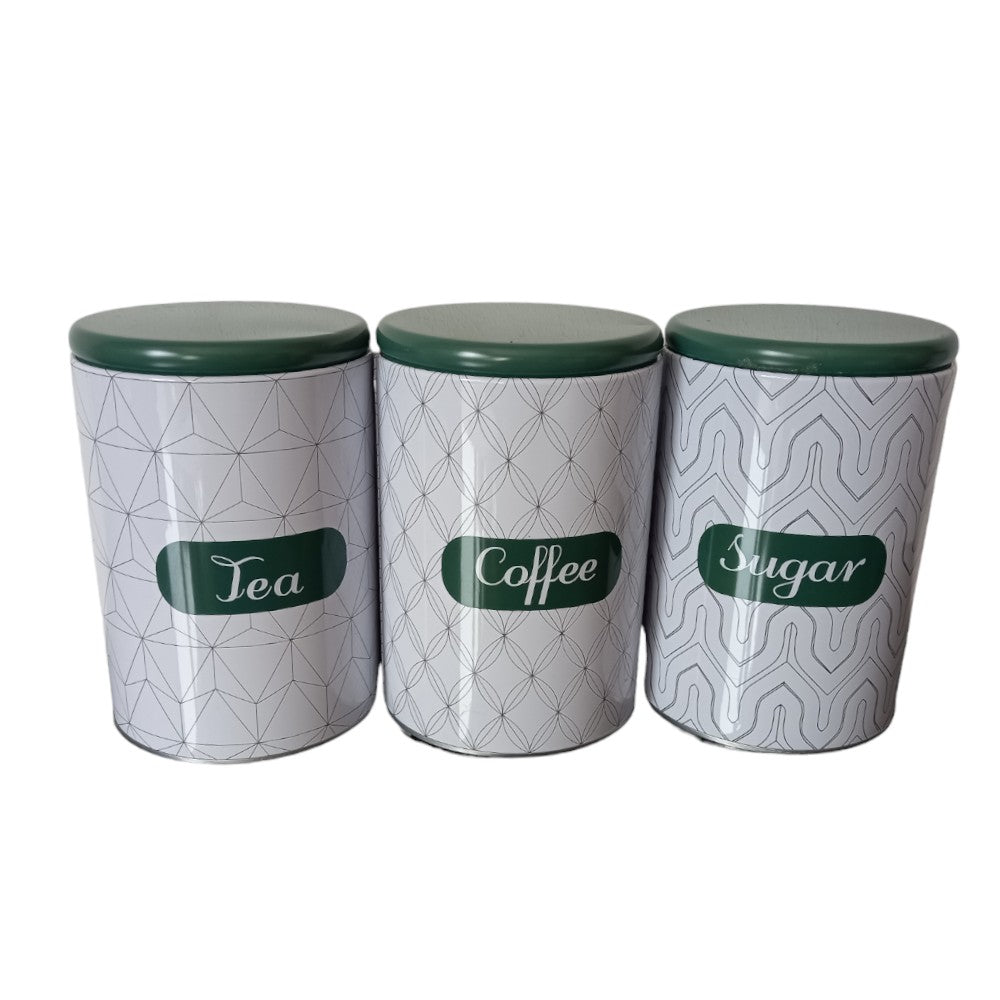 Set 3 cutii metalice rotunde pentru Zahar, Cafea, Ceai, Alb Verde, 10x15 cm