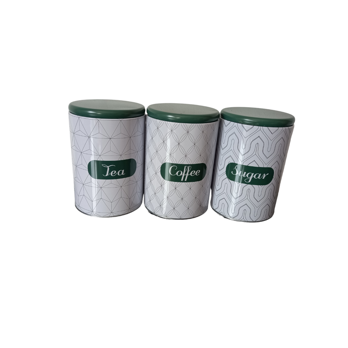 Set 3 cutii metalice rotunde pentru Zahar, Cafea, Ceai, Alb Verde, 10x15 cm