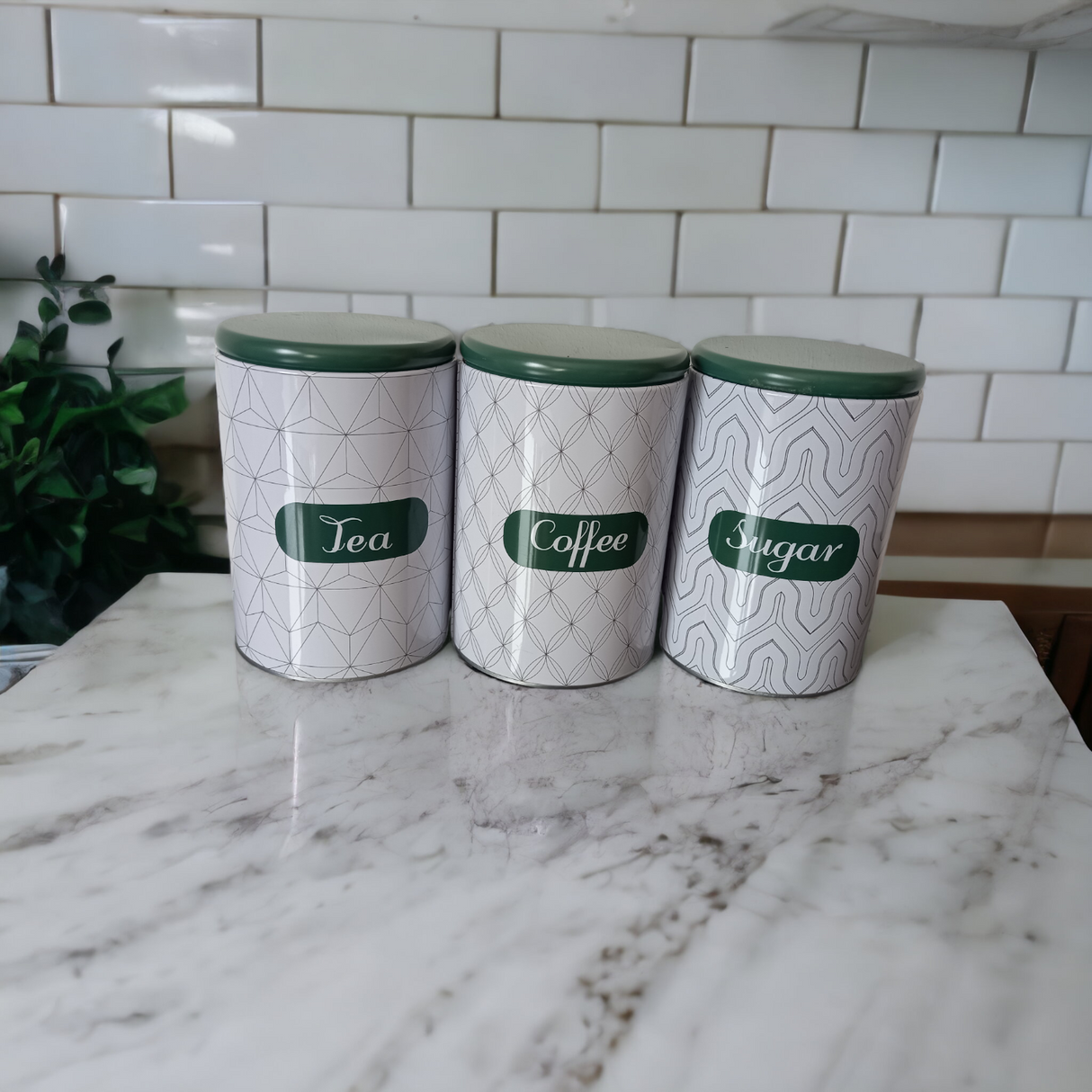 Set 3 cutii metalice rotunde pentru Zahar, Cafea, Ceai, Alb Verde, 10x15 cm