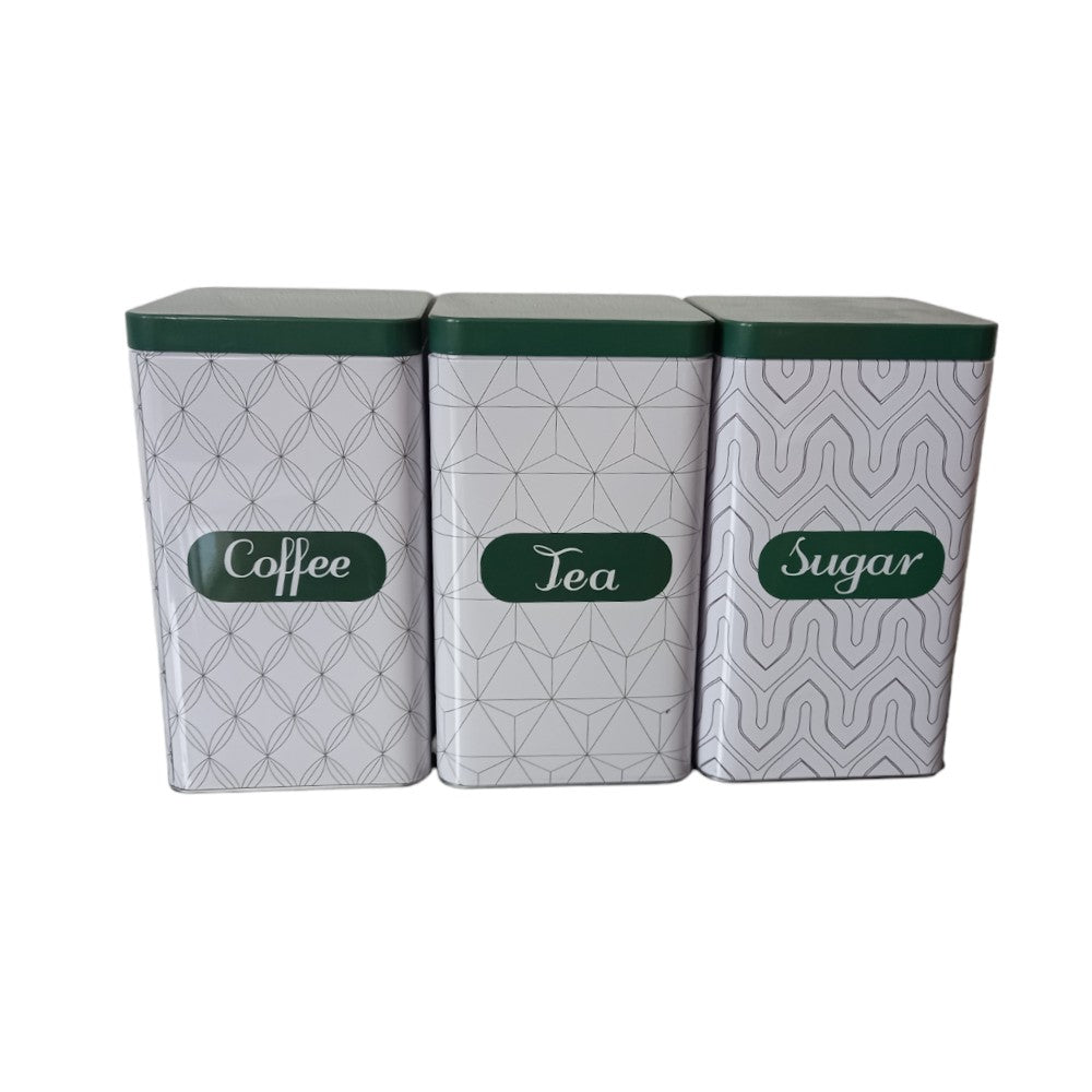 Set 3 cutii metalice patrate pentru Zahar, Cafea, Ceai, Alb Verde, 10x10x17 cm