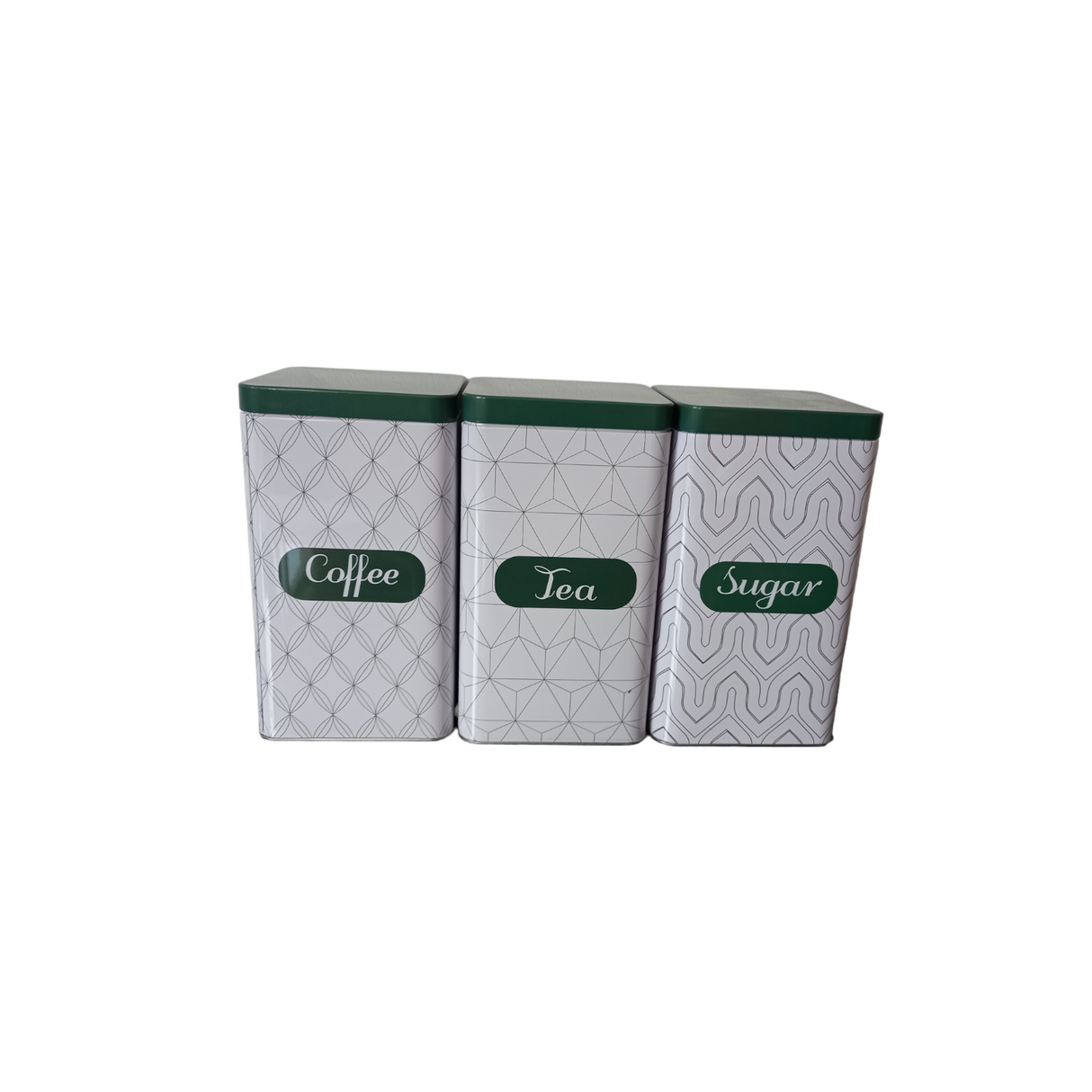 Set 3 cutii metalice patrate pentru Zahar, Cafea, Ceai, Alb Verde, 10x10x17 cm