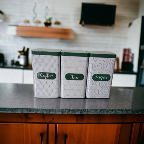 Set 3 cutii metalice patrate pentru Zahar, Cafea, Ceai, Alb Verde, 10x10x17 cm