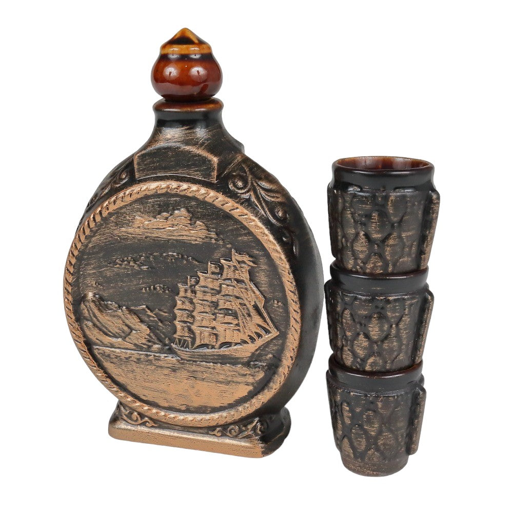 Set cadou pentru servire bauturi 2 fete Busola si Corabie, 500 ml + 3 pahare 35 ml